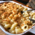 Delicious baked mac and cheese topped with golden breadcrumbs