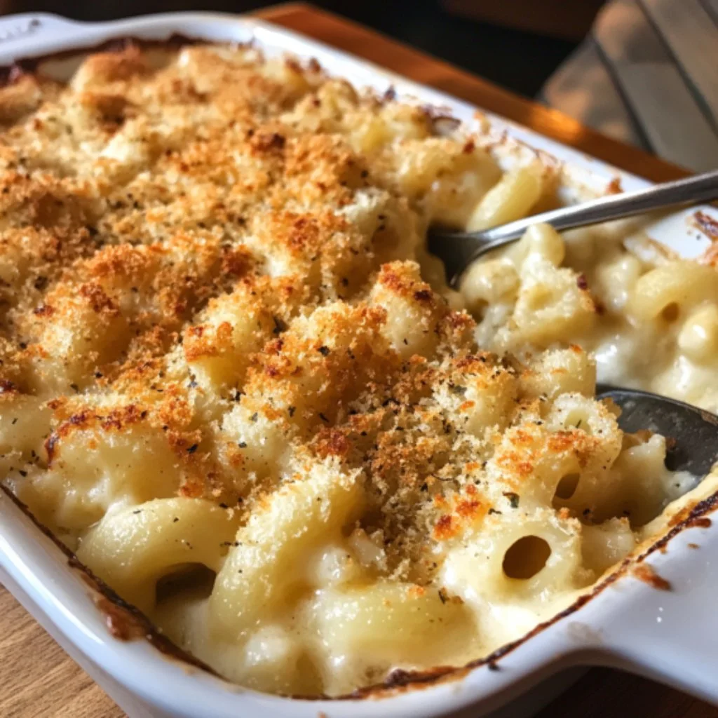 Delicious baked mac and cheese topped with golden breadcrumbs