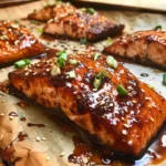Baked soy sauce salmon fillet garnished with herbs on a plate