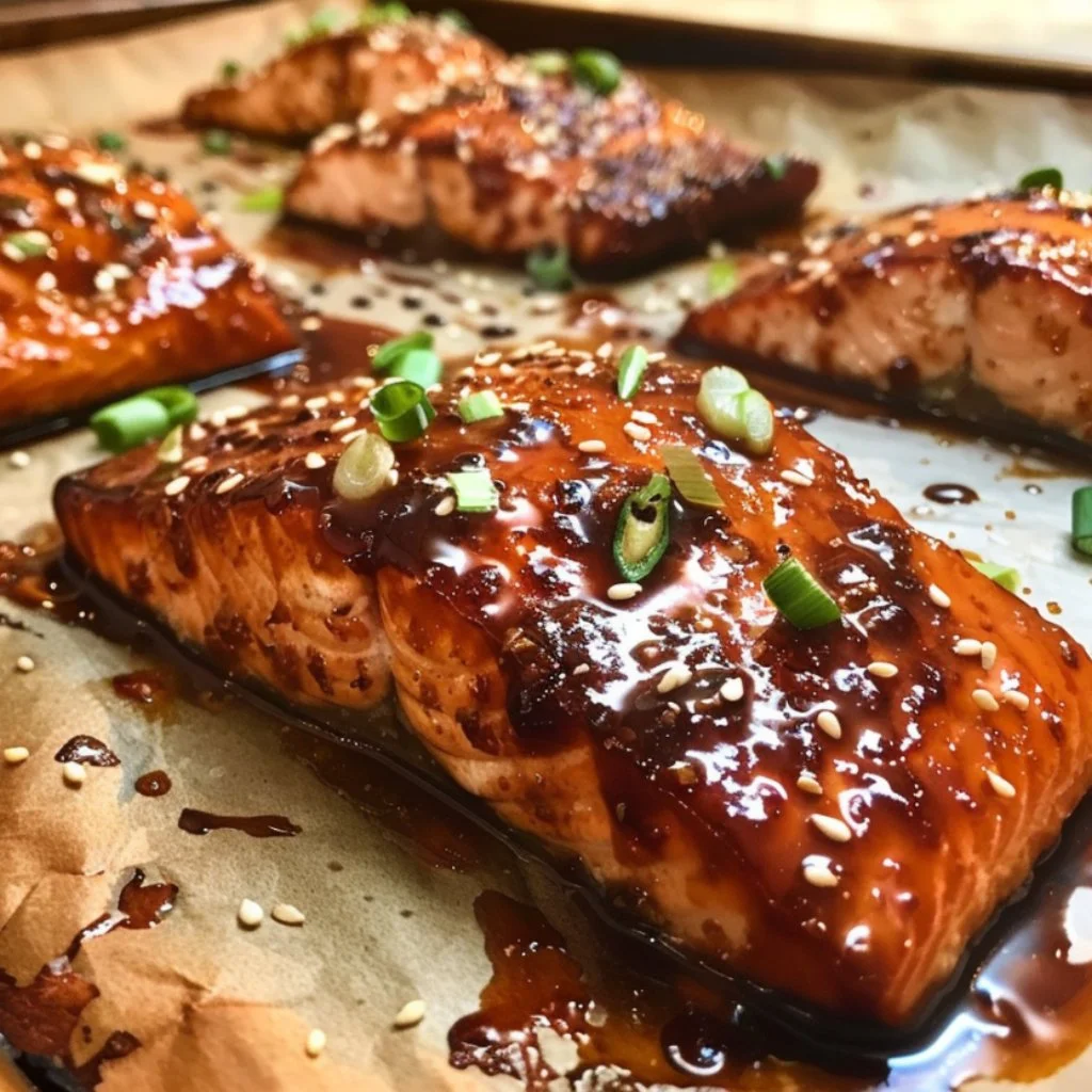 Baked soy sauce salmon fillet garnished with herbs on a plate