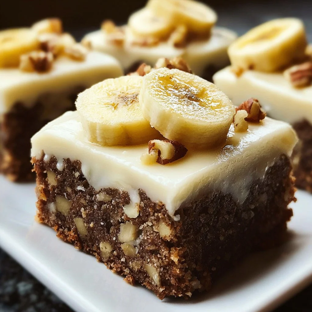 Delicious banana brownies with vanilla frosting topped with banana slices
