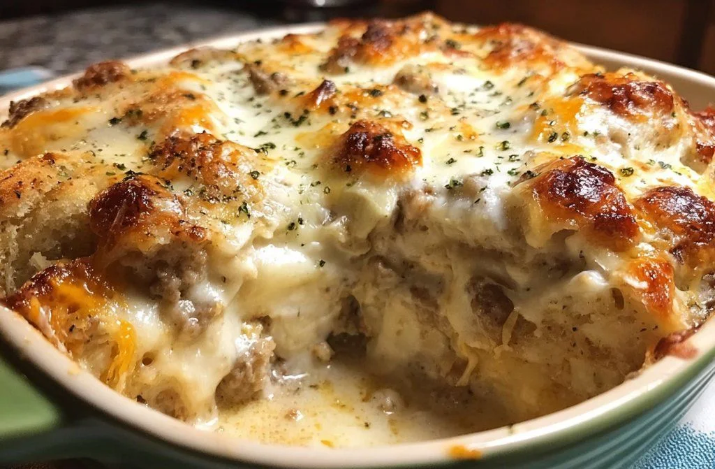 Delicious biscuits and gravy breakfast casserole baked to perfection
