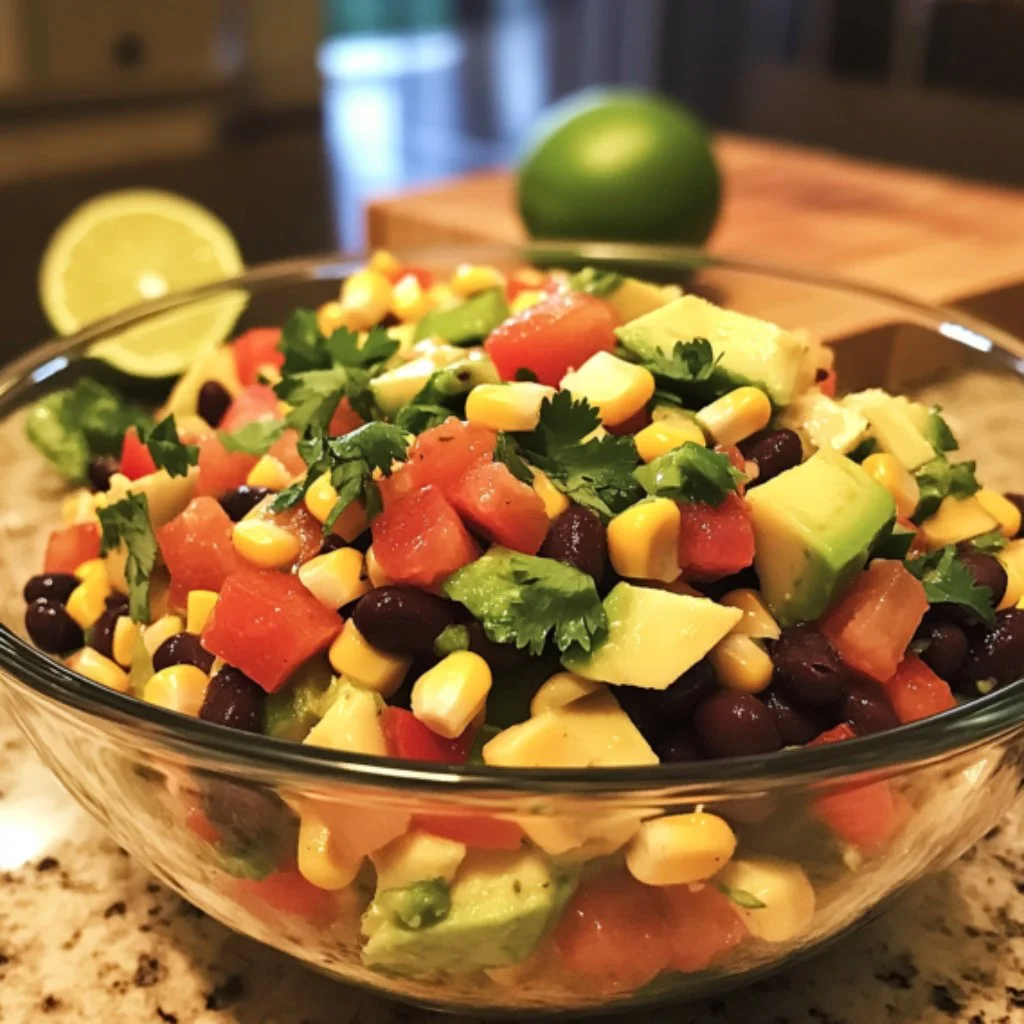 Colorful black bean and corn salad with fresh vegetables