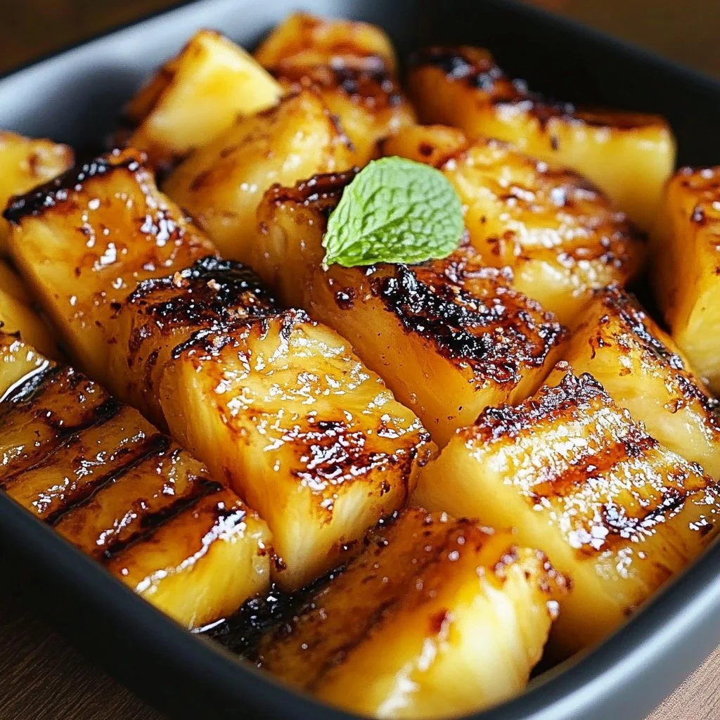 Brown sugar grilled pineapple slices on a grill