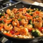 Cauliflower Rice Stir Fry with Shrimp garnished with veggies and sauce