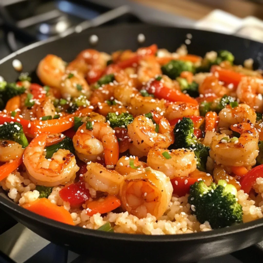 Cauliflower Rice Stir Fry with Shrimp garnished with veggies and sauce