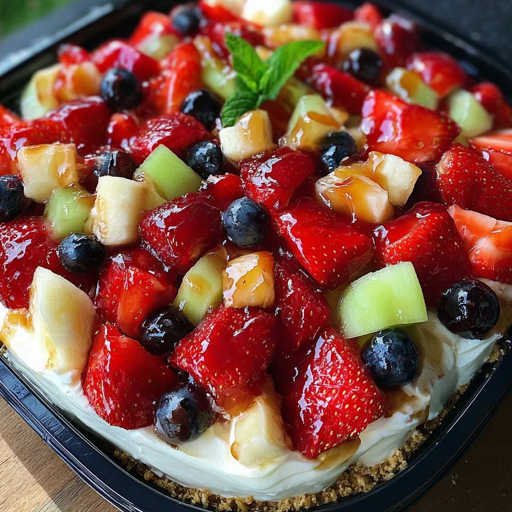 Delicious cheesecake fruit salad topped with fresh berries and cream.