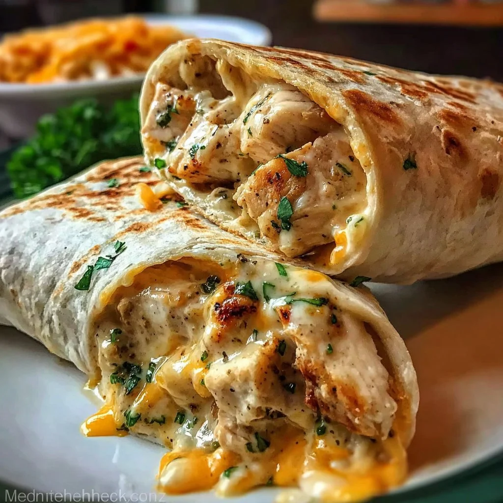Delicious cheesy garlic chicken wraps served on a plate.