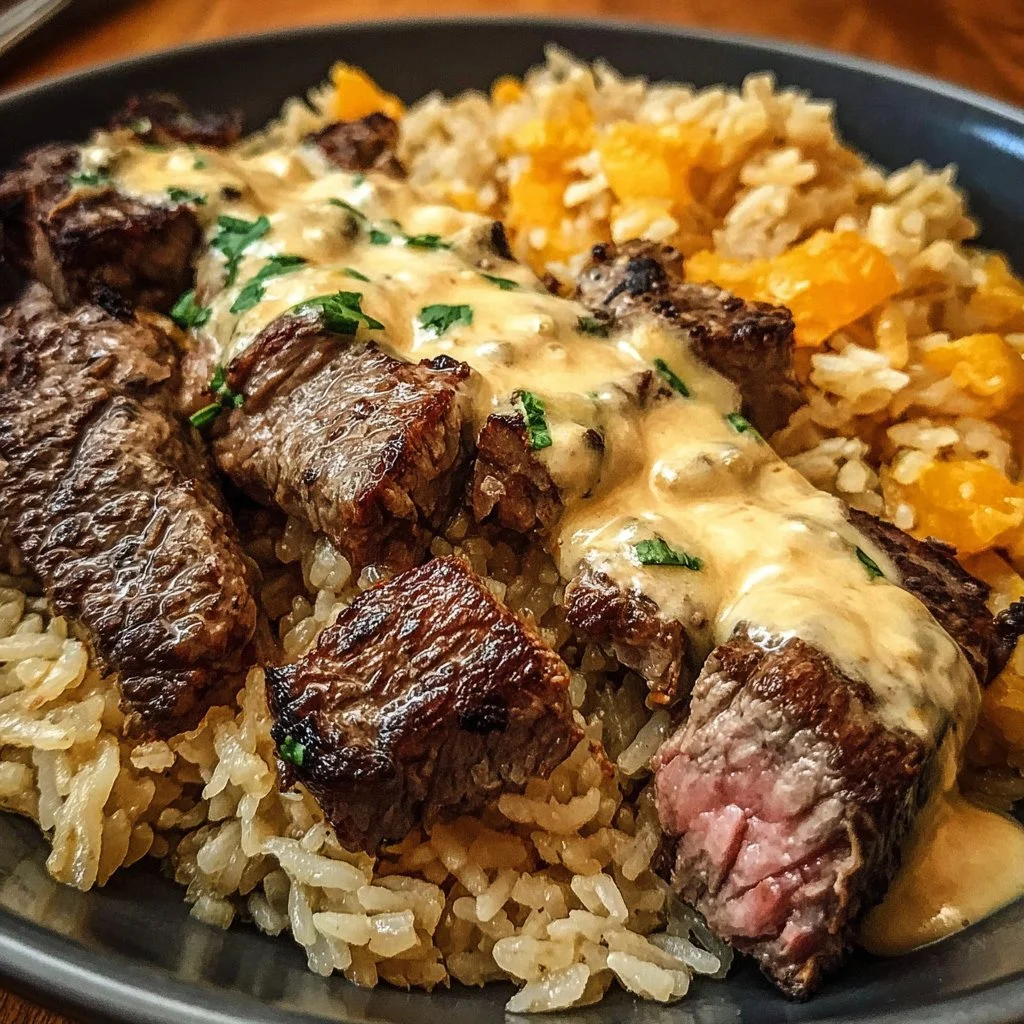 Delicious cheesy steak served over rice, topped with melted cheese and herbs