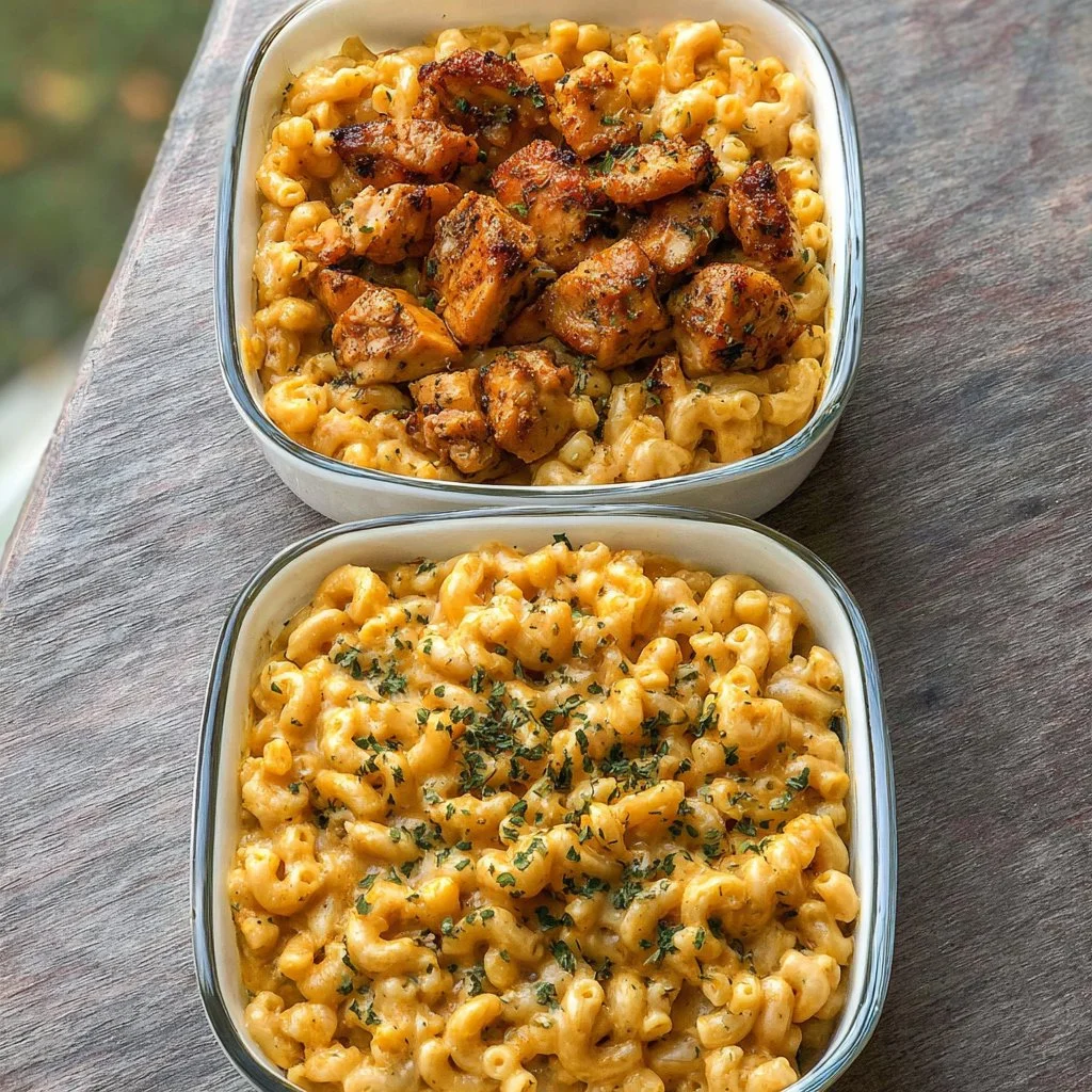 Creamy Chicken and Mac & Cheese served in a bowl with a sprinkle of parsley