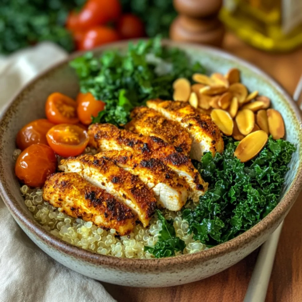 Healthy chicken quinoa bowl with fresh ingredients and vibrant colors