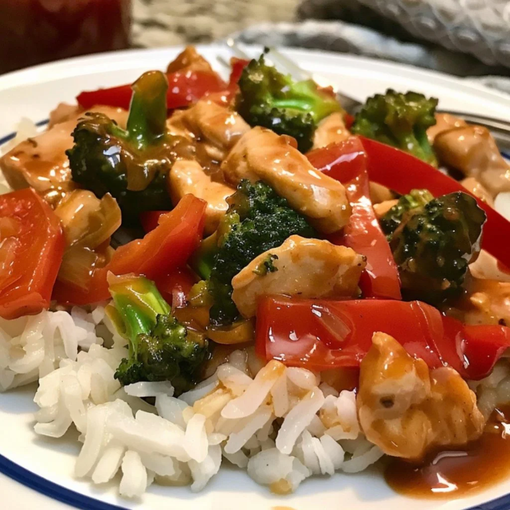 Delicious chicken stir fry with colorful vegetables in a skillet