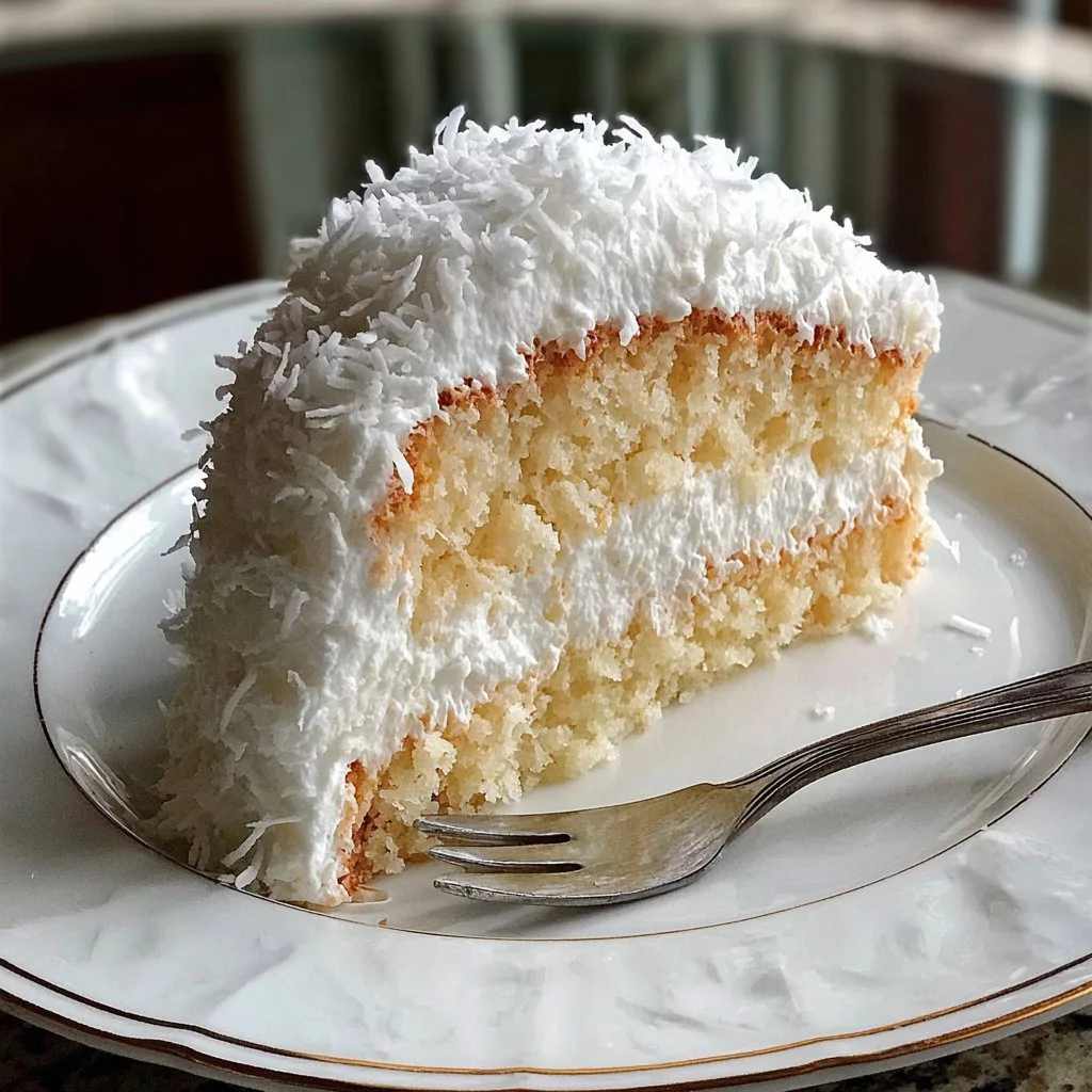 Delicious Coconut Cloud Cake with fluffy coconut frosting and layers.