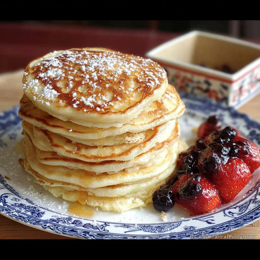 Delicious coconut cream pancakes served with syrup and tropical fruits