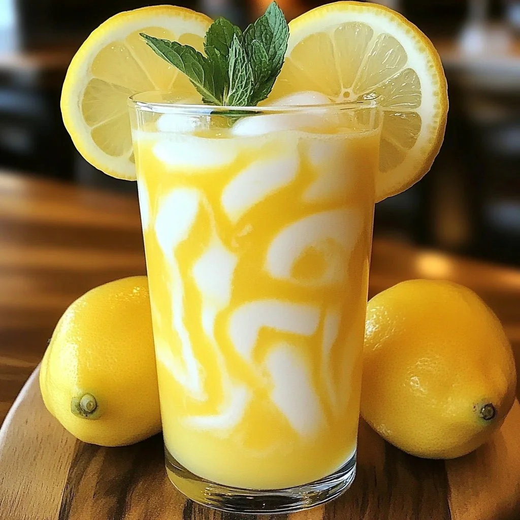Refreshing condensed milk lemonade served in a glass with lemon slices.