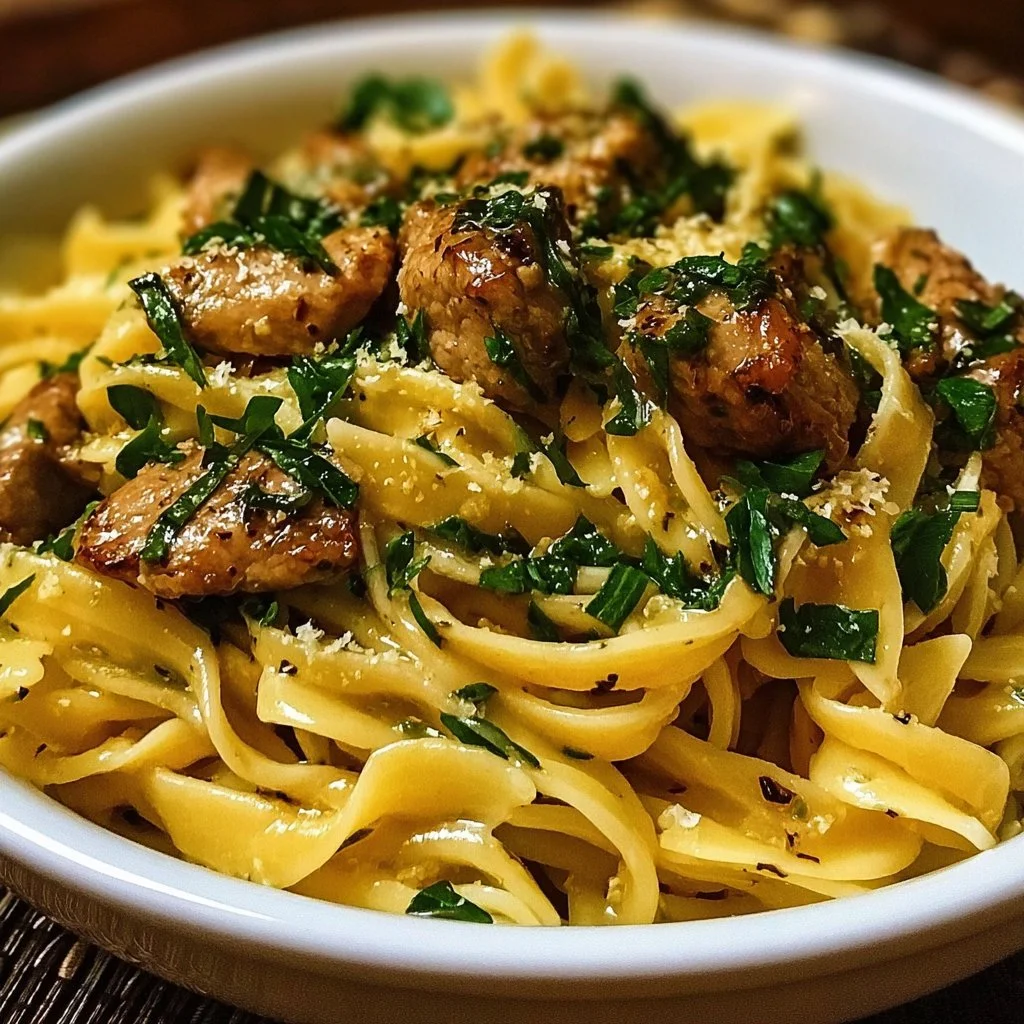 Creamy beef and spinach bowtie pasta dish served in a bowl with garnish