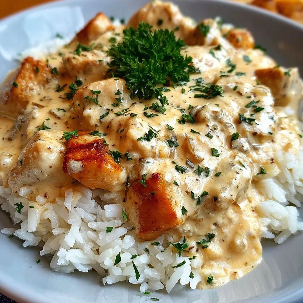 Creamy chicken and rice dish garnished with herbs