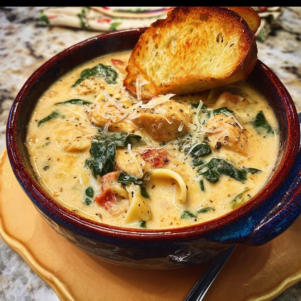 Bowl of creamy chicken and spinach soup garnished with herbs
