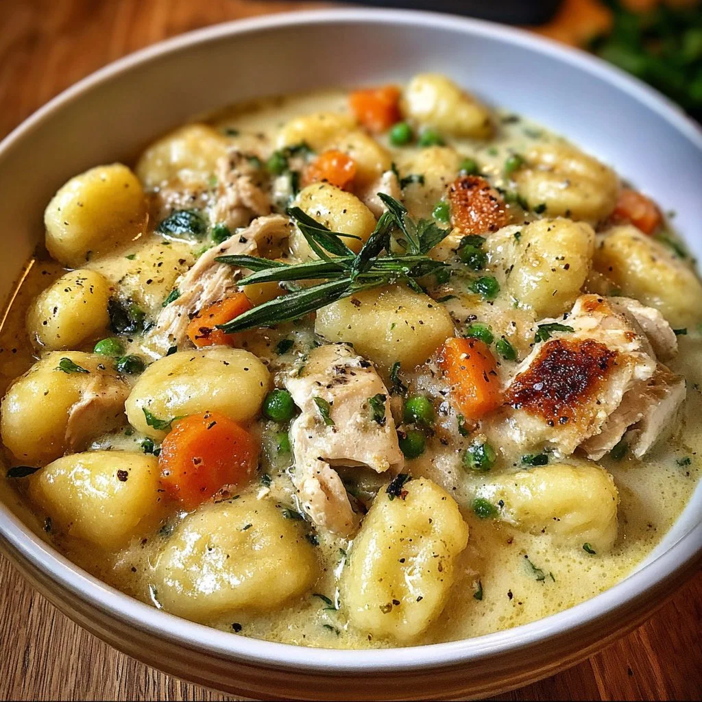 Bowl of creamy chicken gnocchi with herbs, chicken pieces, and soft dumplings