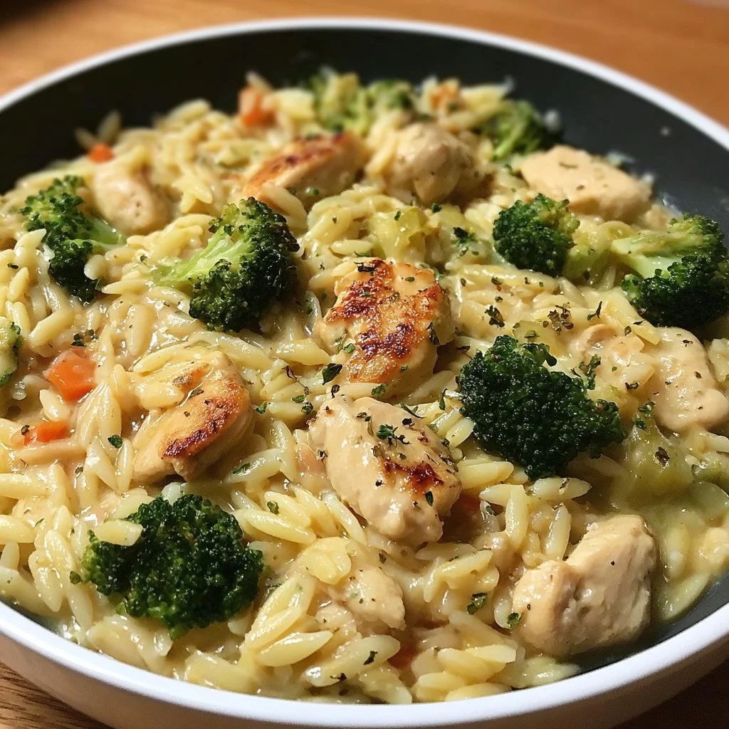 Creamy chicken orzo recipe featuring tender chicken and fresh broccoli.