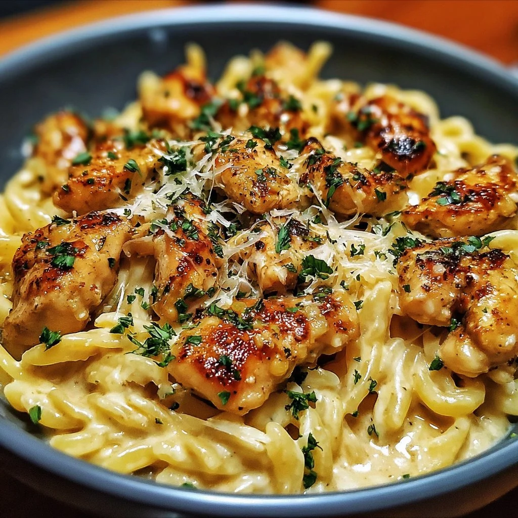 Creamy Garlic Parmesan Chicken Pasta dish served in a bowl with fresh herbs.