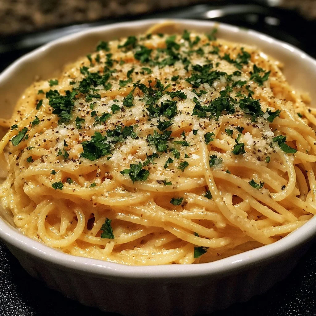 Delicious creamy garlic parmesan spaghetti topped with fresh parsley