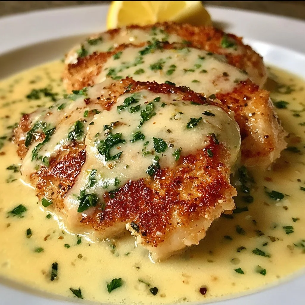 Creamy lemon chicken dish garnished with herbs and lemon slices