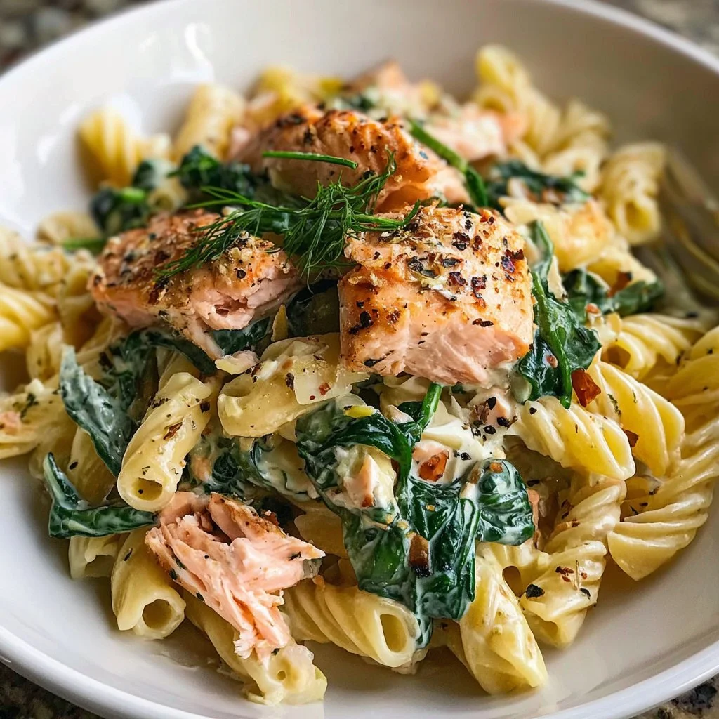 Creamy salmon spinach pasta dish garnished with fresh herbs