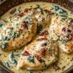 Creamy Tuscan chicken served with fresh herbs and vegetables