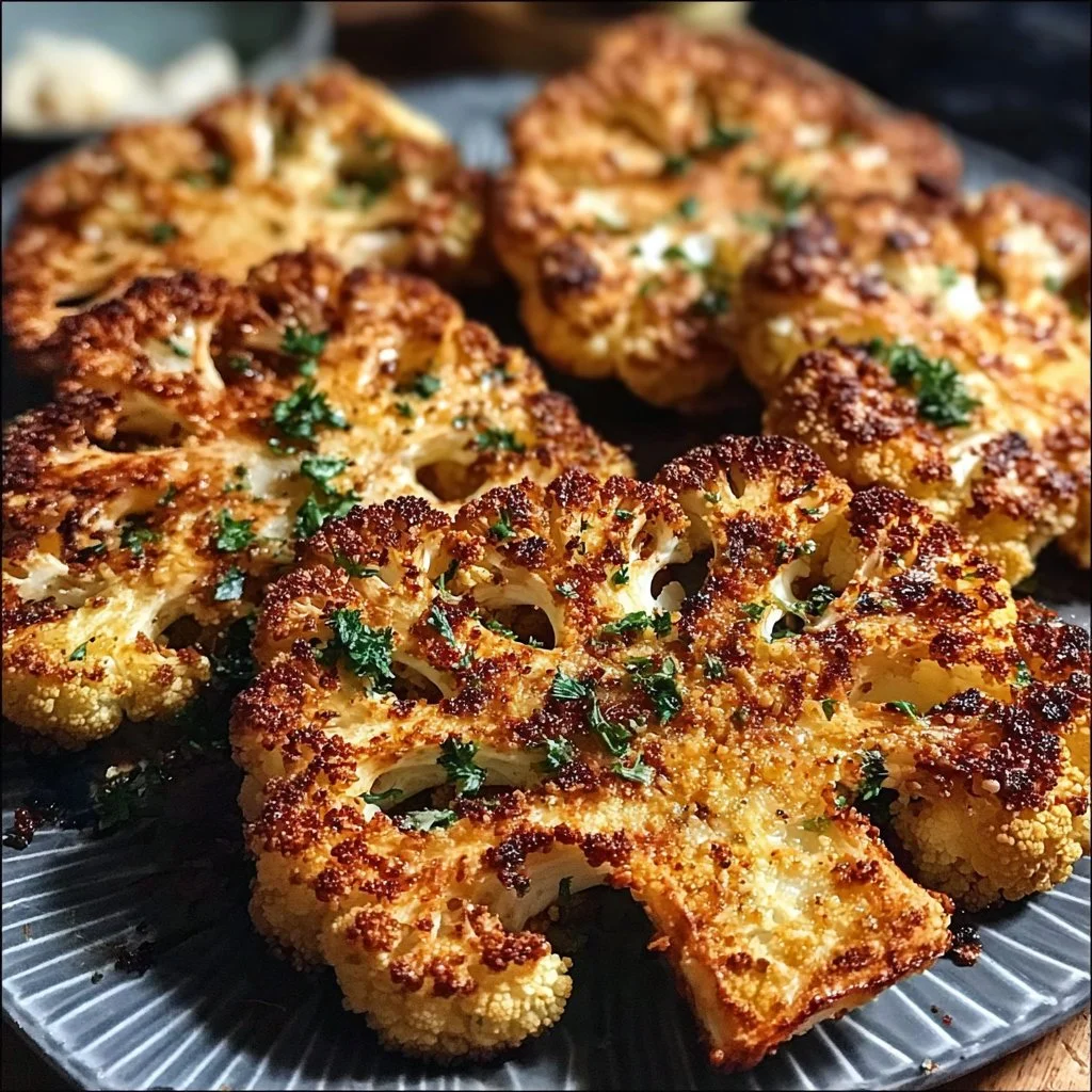 Delicious crispy baked cauliflower steaks served on a plate.