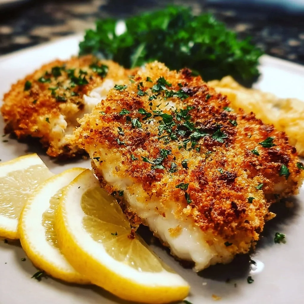 Plate of crispy Parmesan crusted fish garnished with lemon and herbs