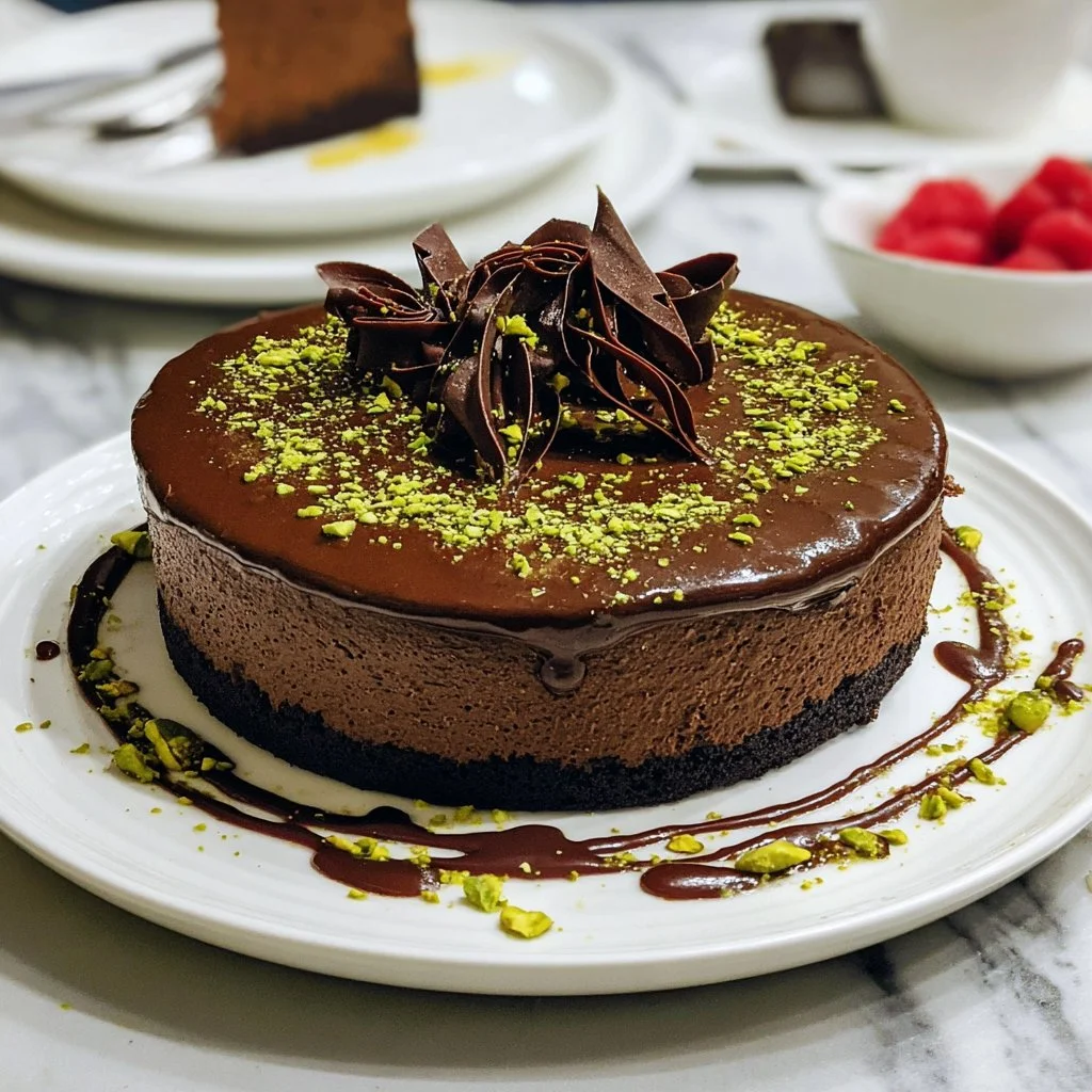 Delicious Dubai chocolate cake topped with dark chocolate ganache and sprinkles.