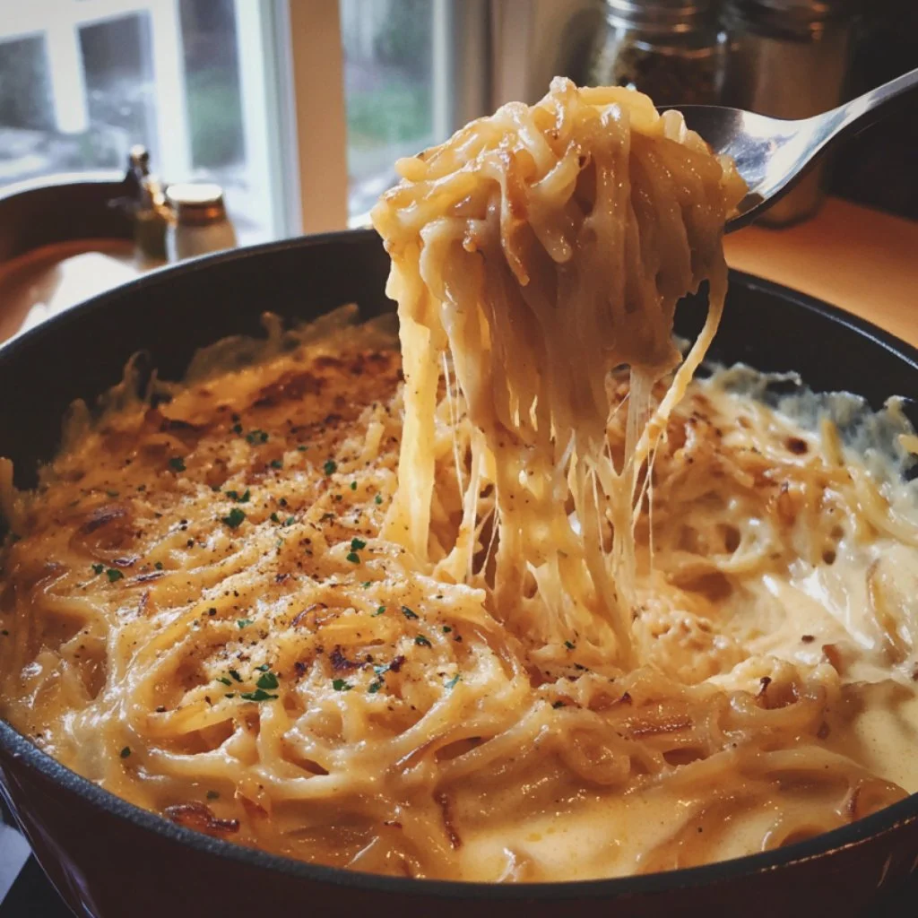 Delicious bowl of French Onion Pasta topped with cheese and caramelized onions.