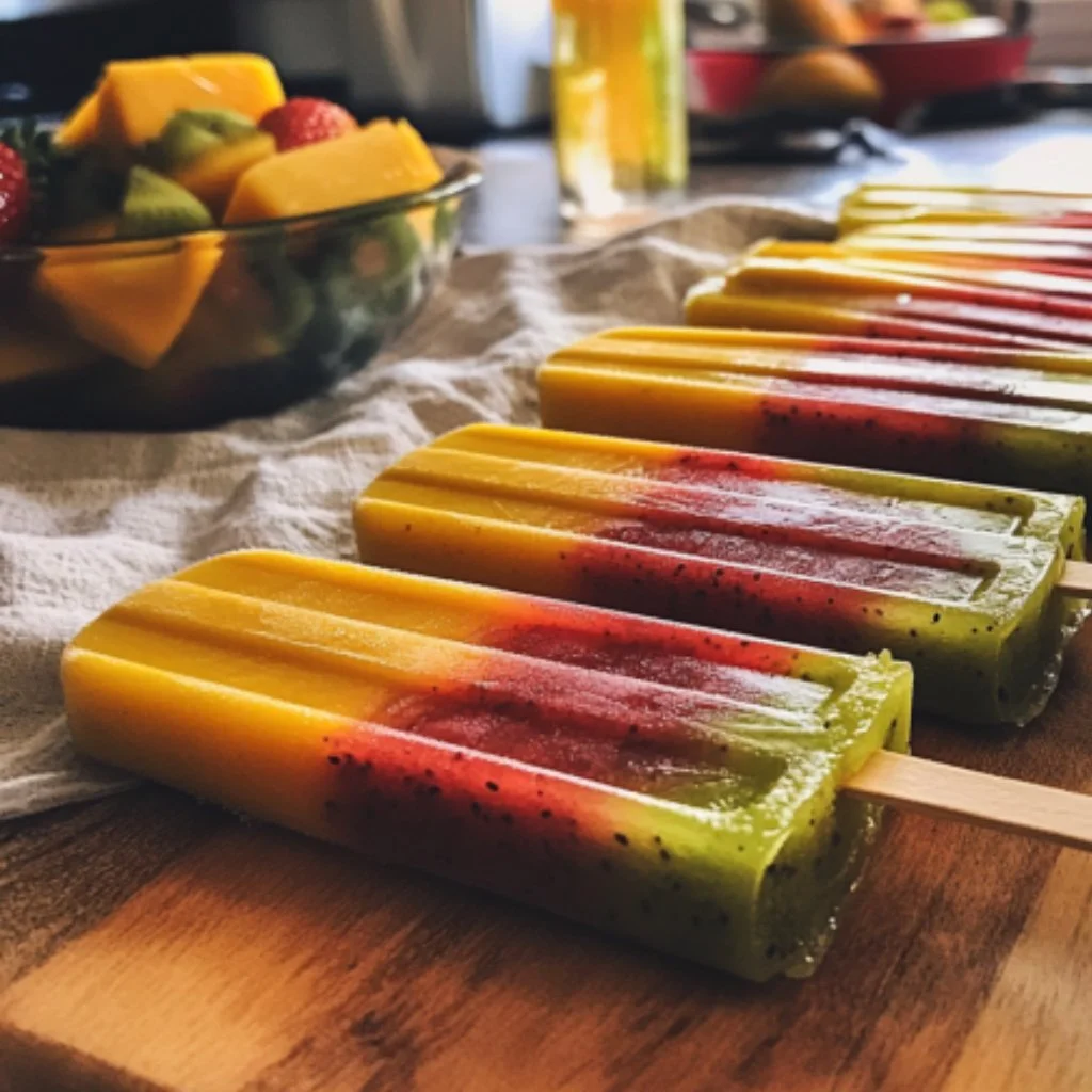 Colorful fruit popsicles made with fresh fruit in a vibrant display