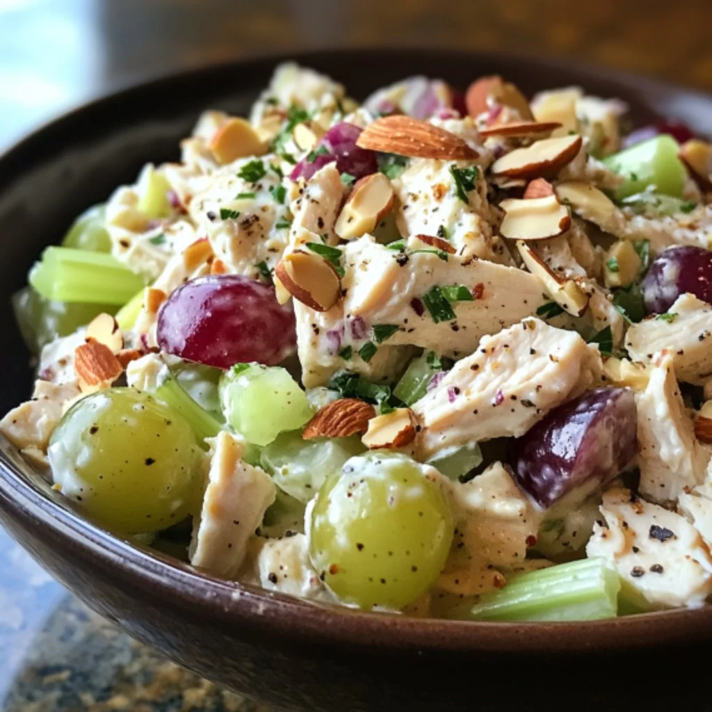 Bowl of Greek Yogurt Chicken Salad topped with fresh herbs and veggies.