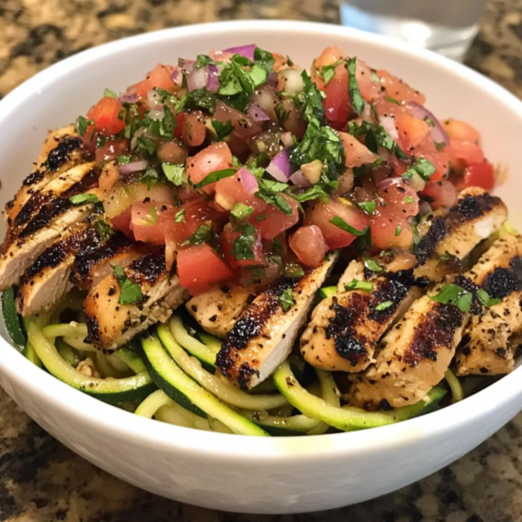 Grilled chicken zoodle bowl with bruschetta topping and fresh ingredients