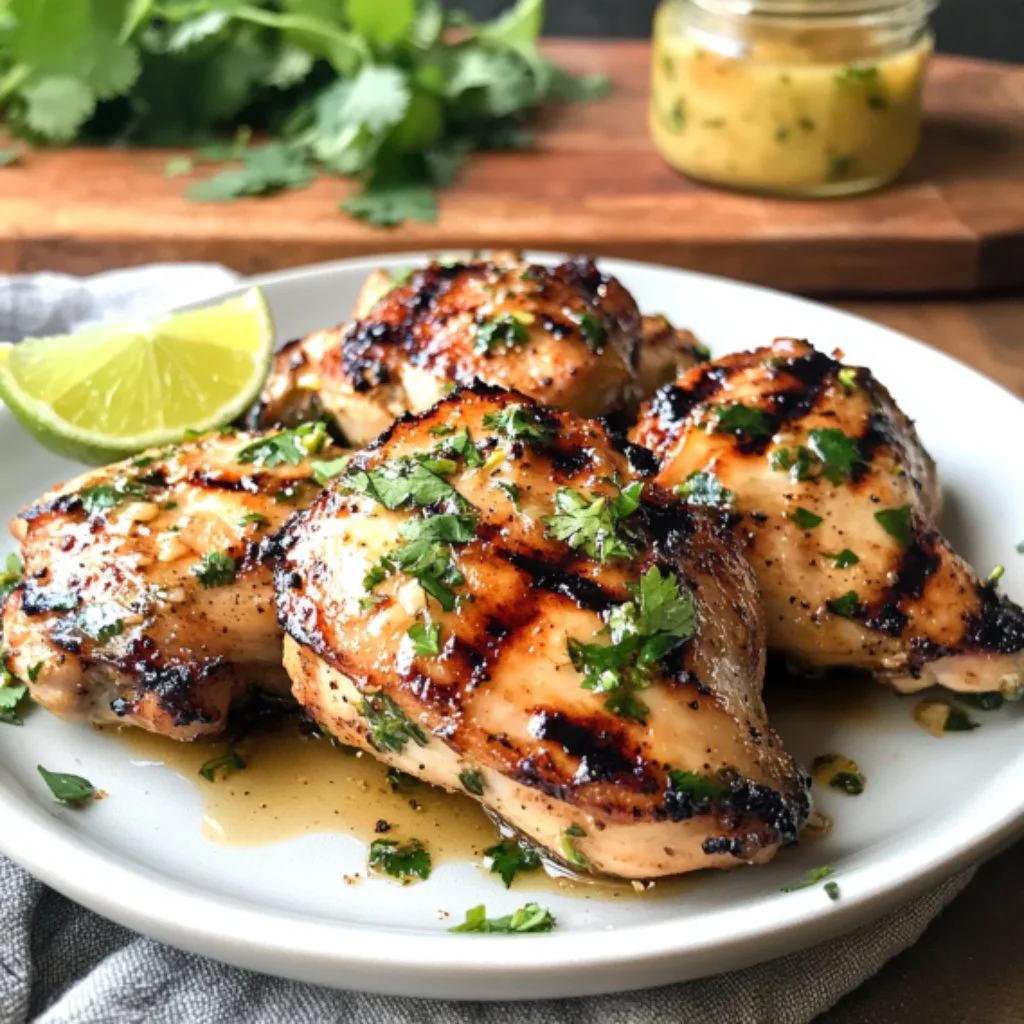 Grilled honey lime chicken garnished with cilantro on a plate.