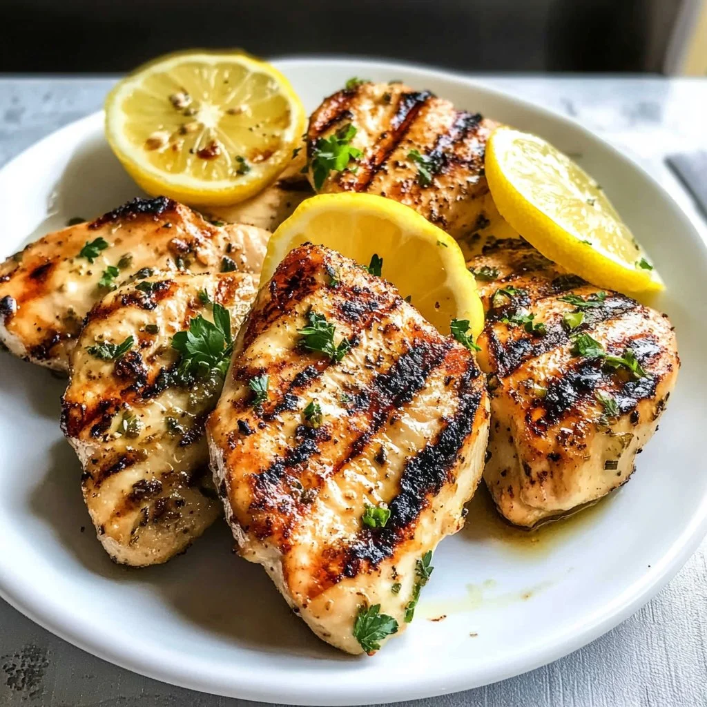 Delicious grilled lemon chicken served on a platter with herbs and lemon slices.