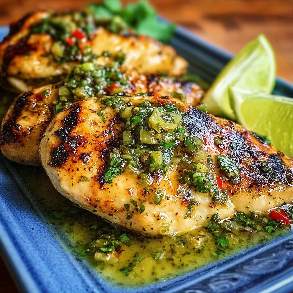 Grilled salsa verde chicken with pepper jack cheese on a plate