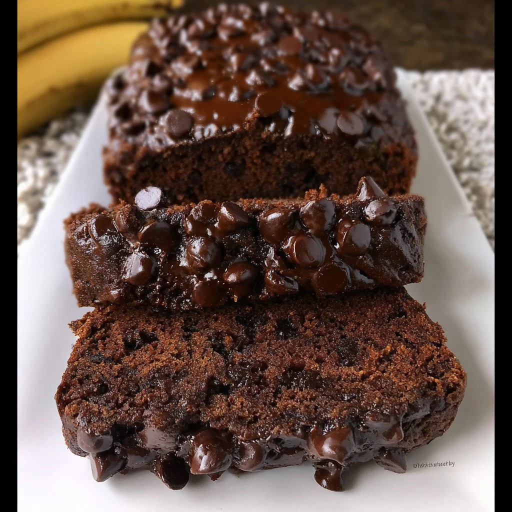 Slice of healthy chocolate banana bread on a plate with bananas and chocolate chips