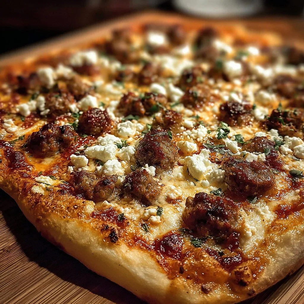 Hot sausage feta honey pizza with a drizzle of honey and fresh toppings