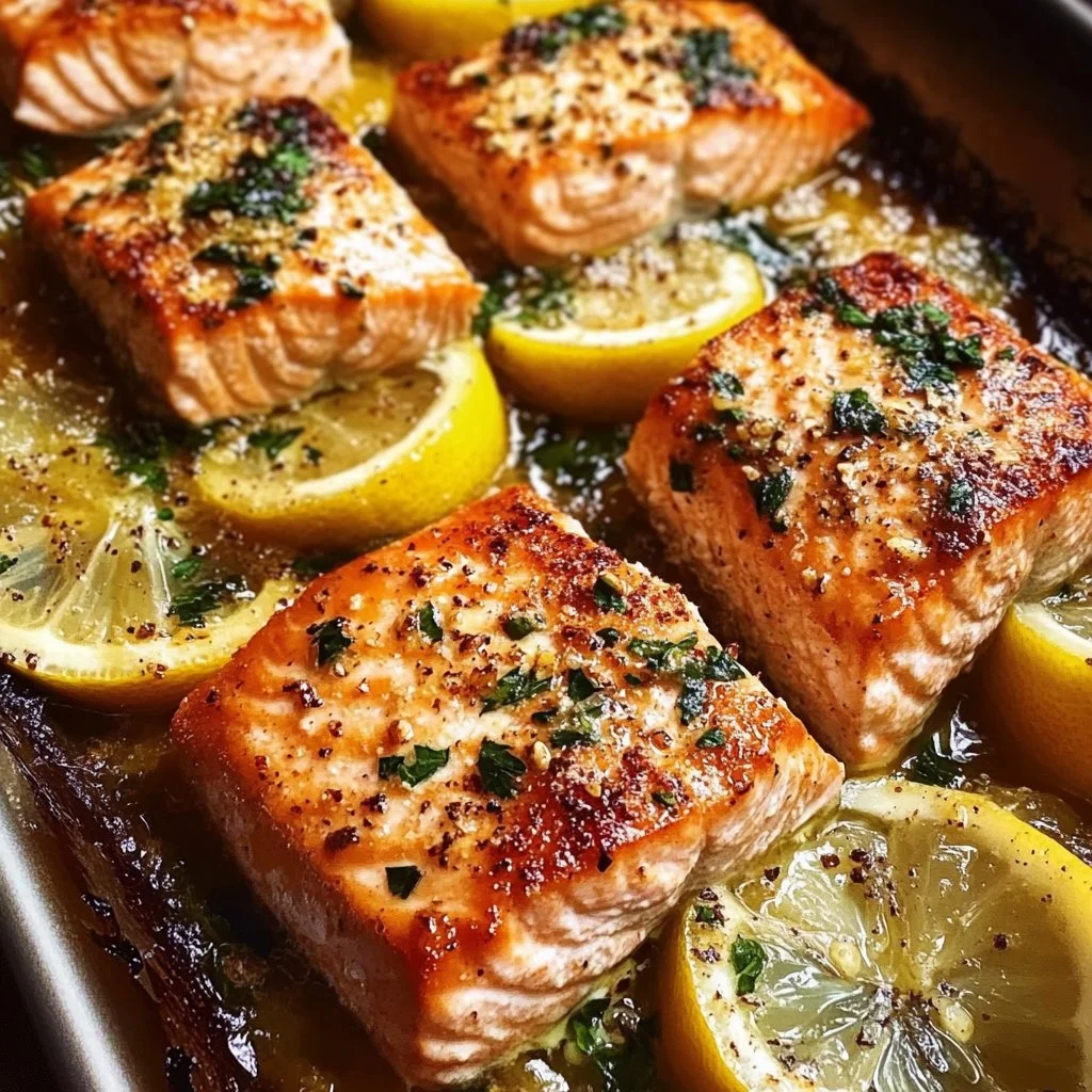 Lemon Garlic Salmon Tray Bake served with fresh vegetables on a baking tray