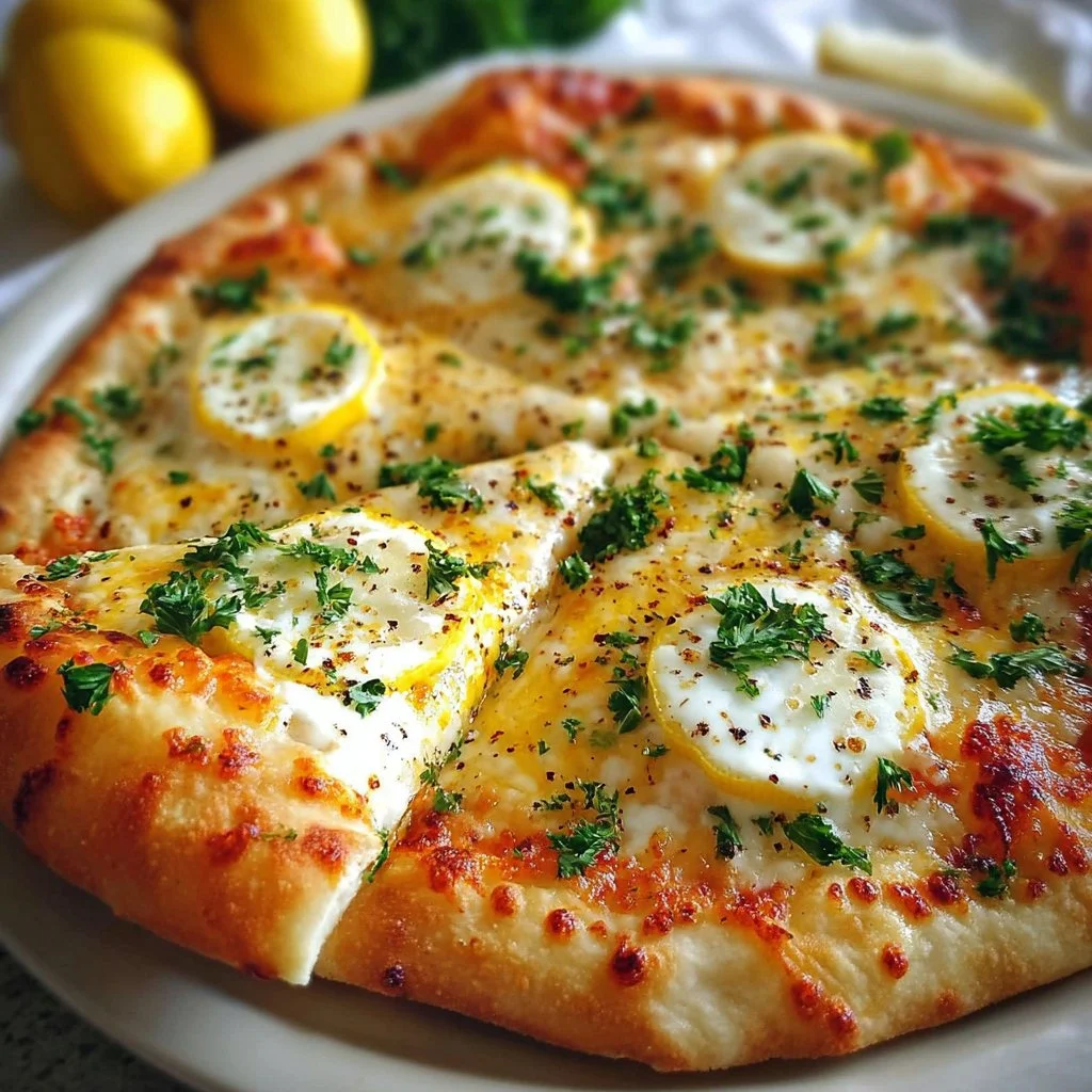 Delicious lemon pizza topped with zesty citrus and fresh herbs
