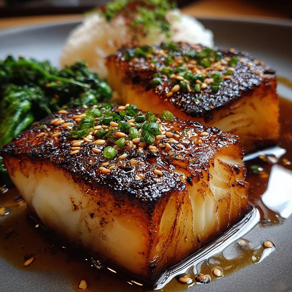 Miso-marinated black cod fillet garnished with herbs on a plate.