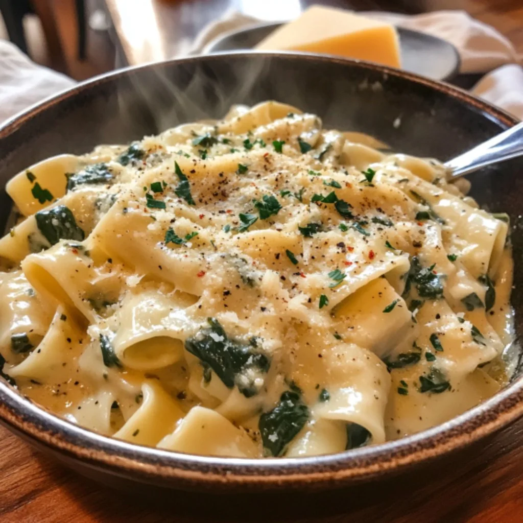 One pot creamy garlic butter spinach pasta dish served in a bowl.