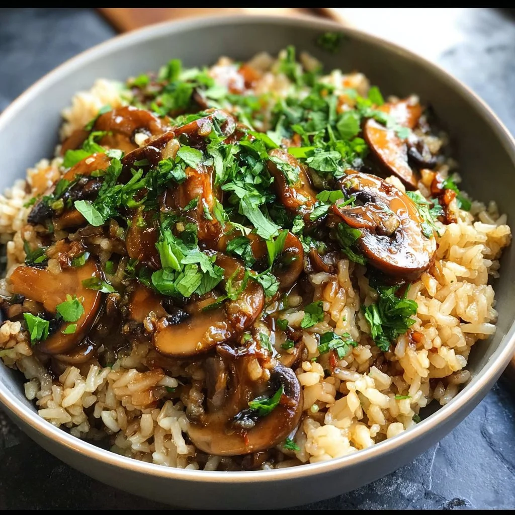 One-Pot Mushroom Rice dish garnished with herbs