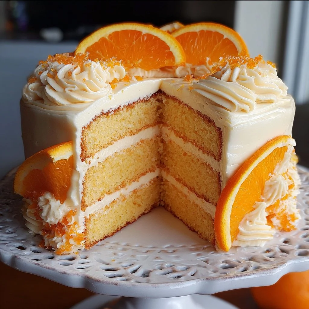 Delicious Orange Creamsicle Cake topped with orange frosting and cream.