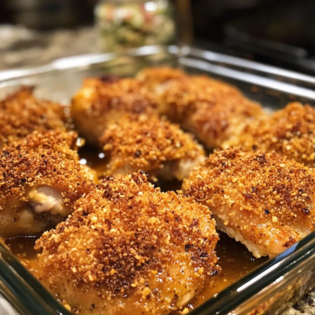 Crispy oven-fried chicken served on a plate with herbs