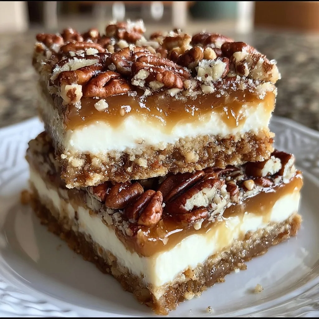 Delicious pecan cream cheese bars topped with nuts and a creamy layer