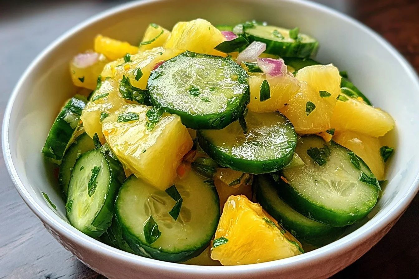 A colorful bowl of pineapple cucumber salad garnished with fresh herbs.